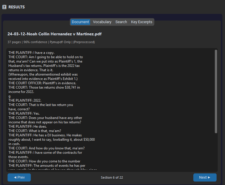 CasePrepd Document tab displaying extracted transcript text from a PDF with page navigation