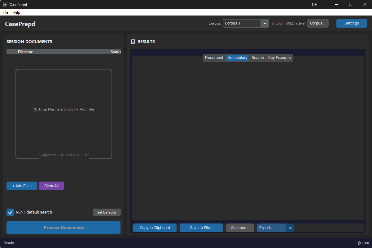CasePrepd main interface showing the drag-and-drop file area, results panel with Document, Vocabulary, Search, and Key Excerpts tabs