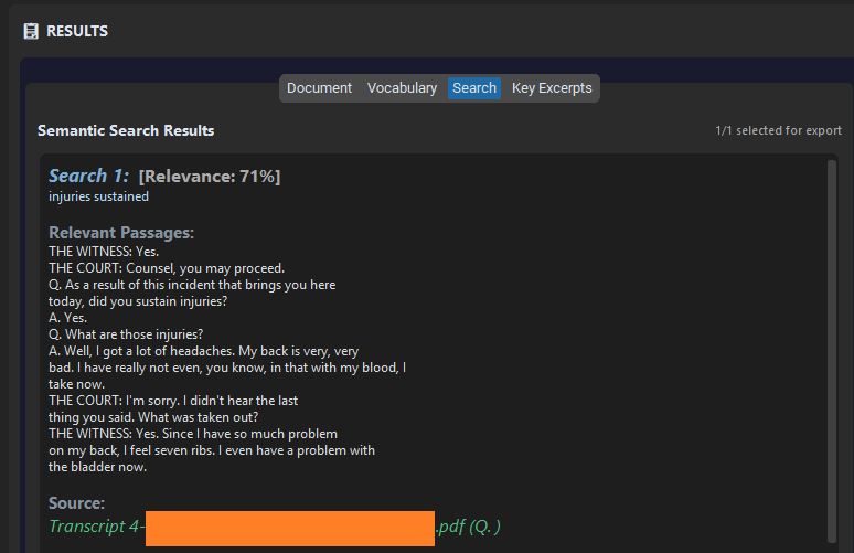 CasePrepd Search tab showing semantic search results with relevance scoring and source citations from transcript