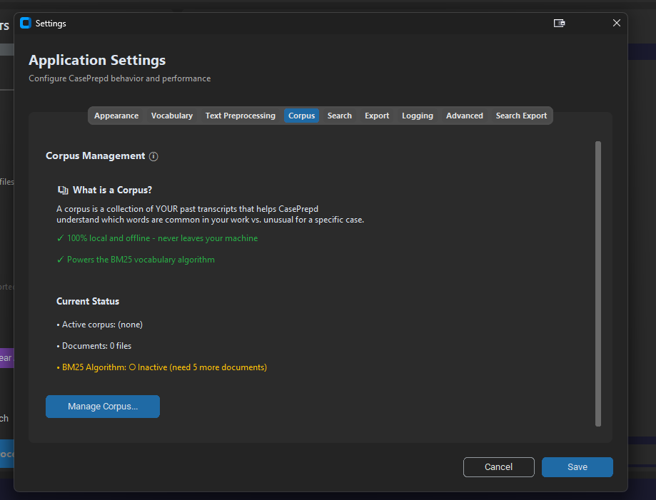 CasePrepd reference library dialog showing saved document collections used to improve vocabulary scoring