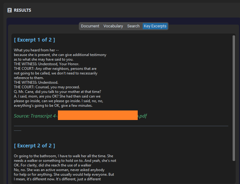 CasePrepd Key Excerpts tab showing representative passages automatically selected from case documents