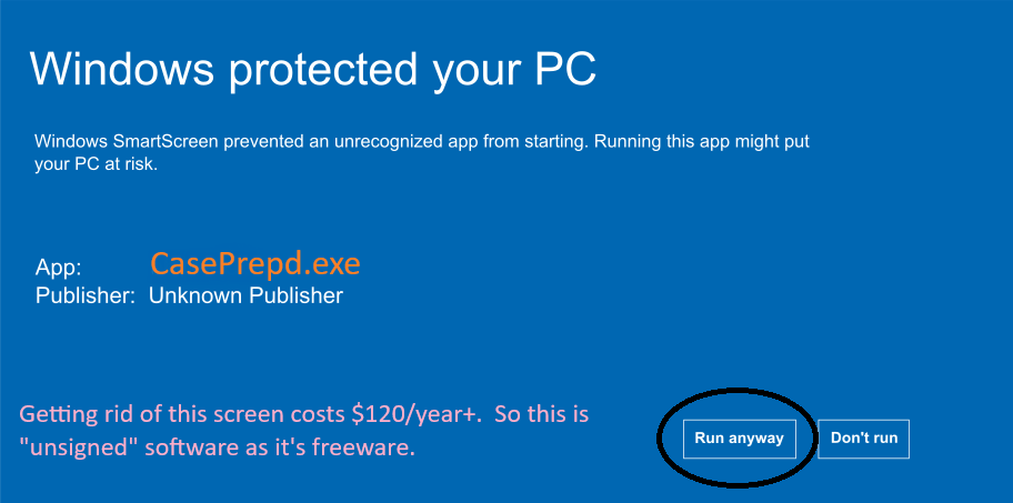 Windows SmartScreen warning dialog showing 'More info' and 'Run anyway' options for unsigned software